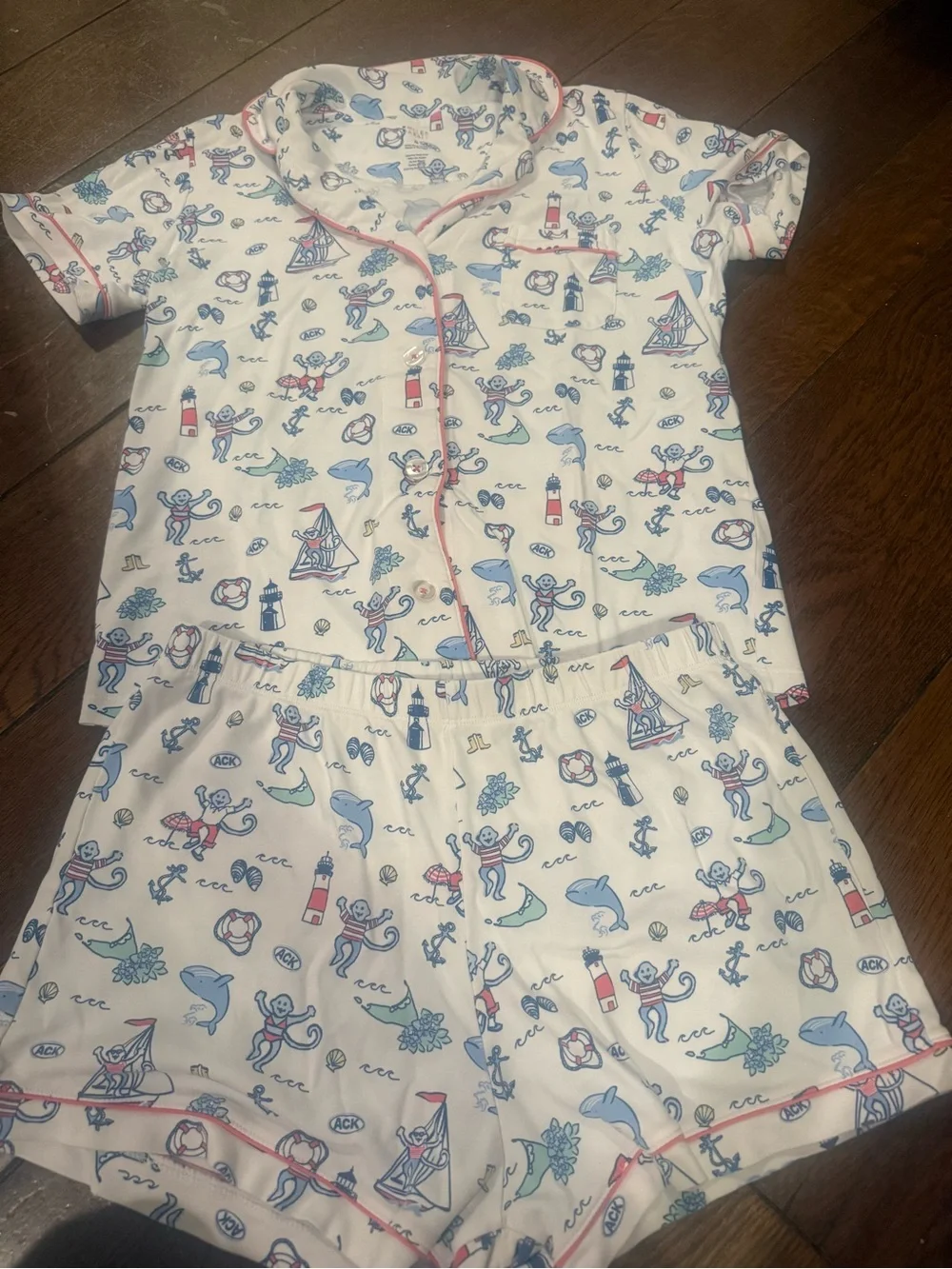 ACK Roller Rabbit Women’s Short Pajama Set - White with Blue & Pink Accents